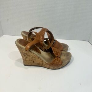 Cathy Jean Brown Leather Knot Cork Wedge Sandals